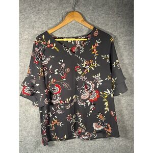 LOFT Women's Floral Print V Neck Flutter Sleeve Blouse Top Size M